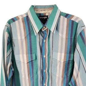 Vintage Wrangler Mens White Blue Striped  Western Shirt Cowboy Cut 16 1/2 X 35